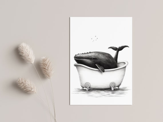 Whale Bathroom Art, Black And White Scandi Print