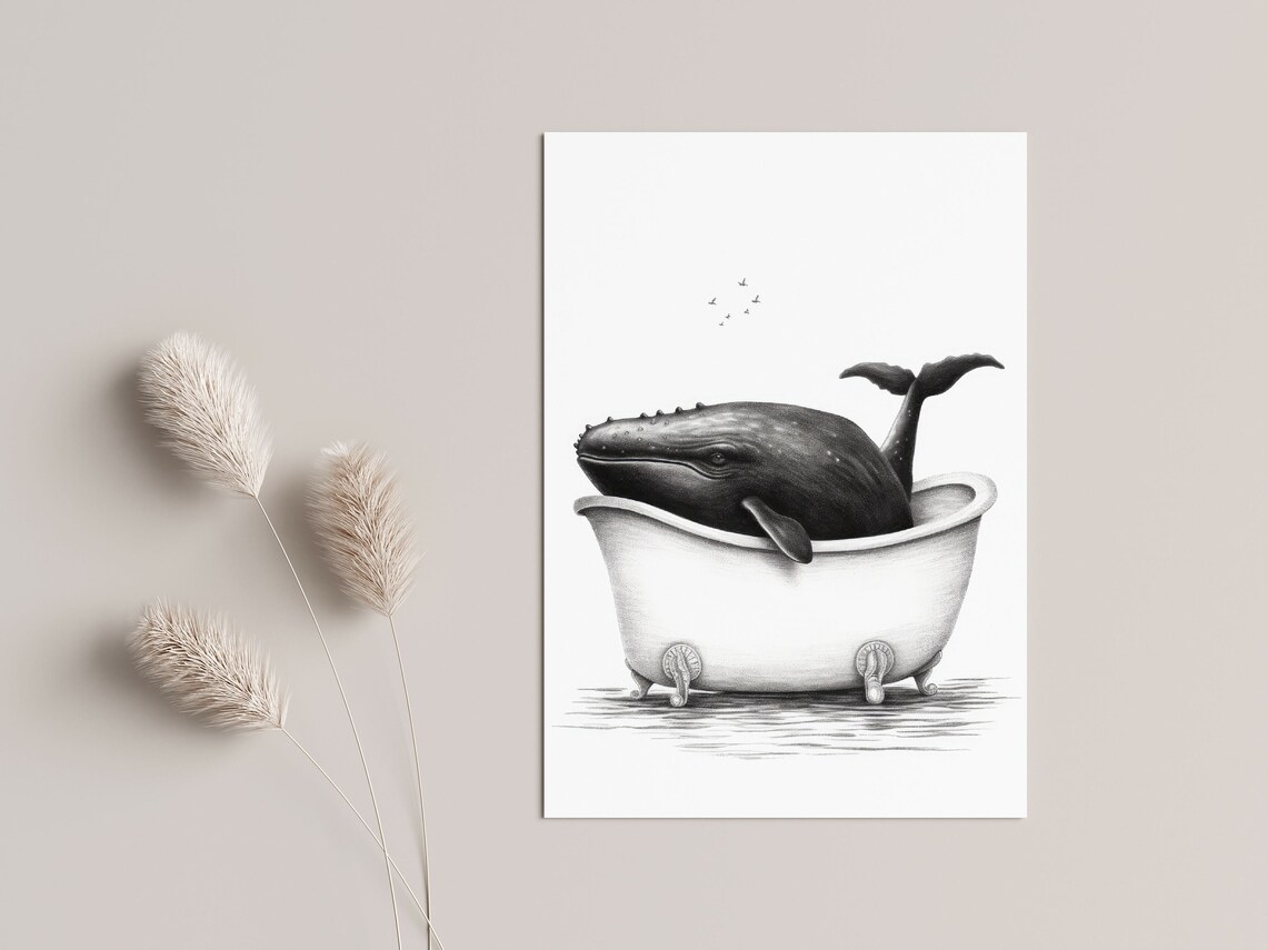 Whale Bathroom Art, Black And White Scandi Print