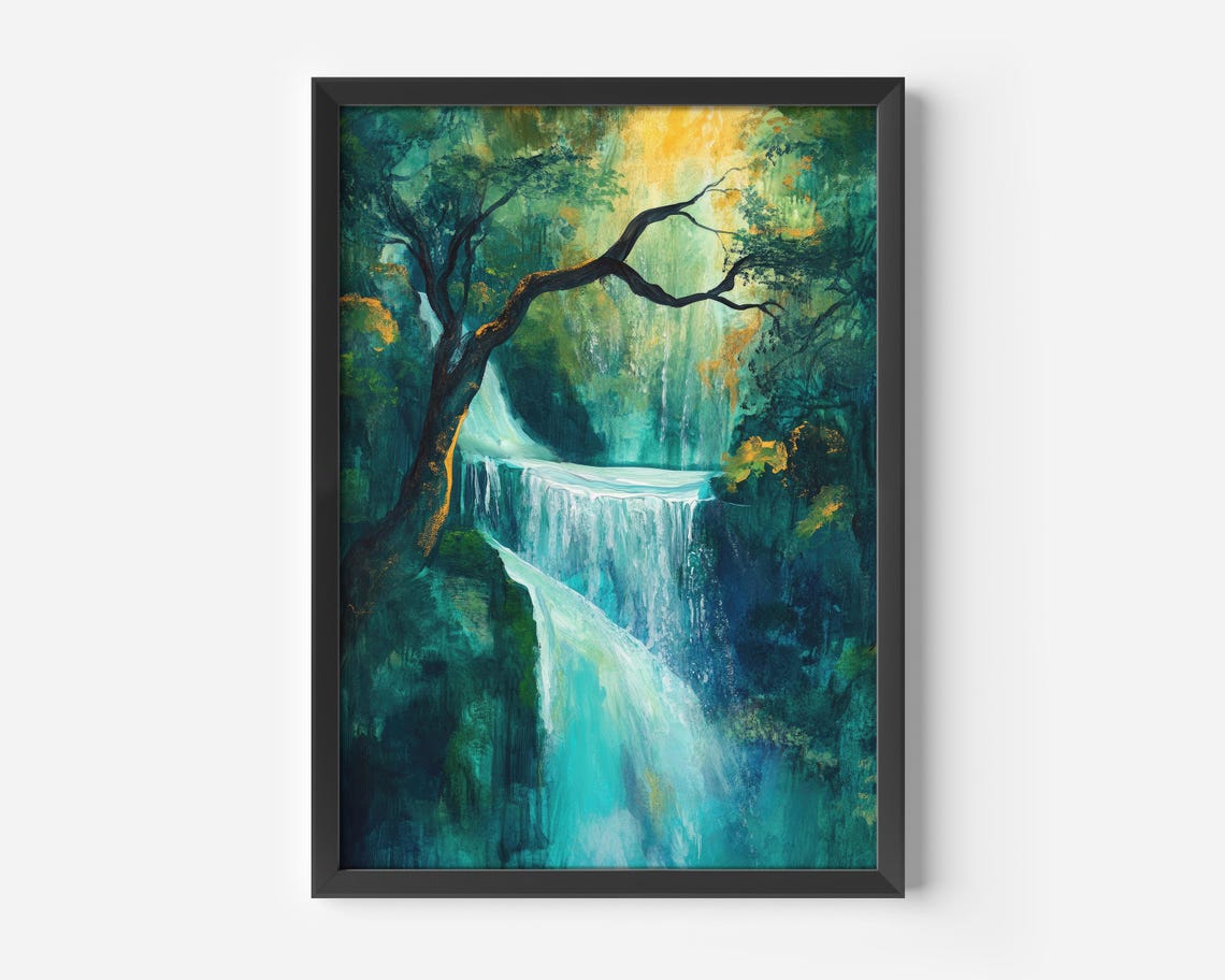 Emerald Forest Waterfall Oil Painting Calming Nature Decor Poster