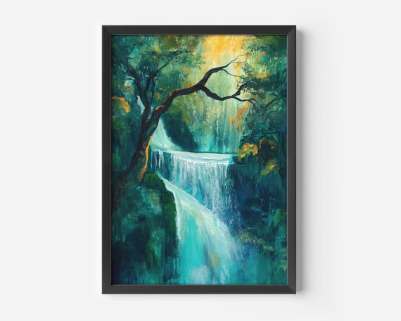 Nature Wall Art Living Room Abstract Waterfall Poster Blue Green Tranquil Landscape Boho Print Decoration Bedroom Hallway Office