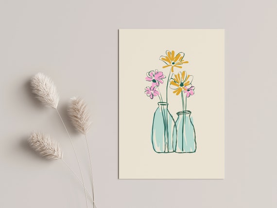 Living Room Art Wall Decor Scandinavian Flower Poster Watercolor Vase Print Pastel Spring Illustration Dining