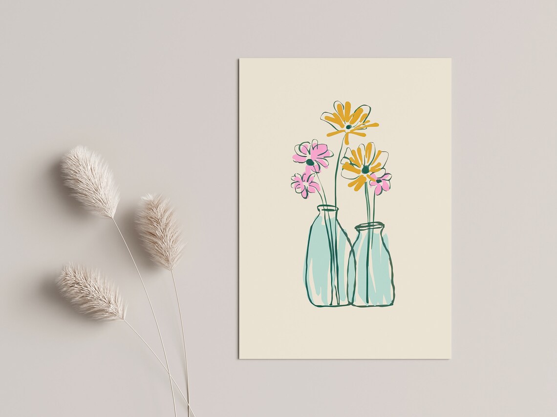 Hand Drawn Flowers Blue Vases Minimalist Floral Sketch Wall Art
