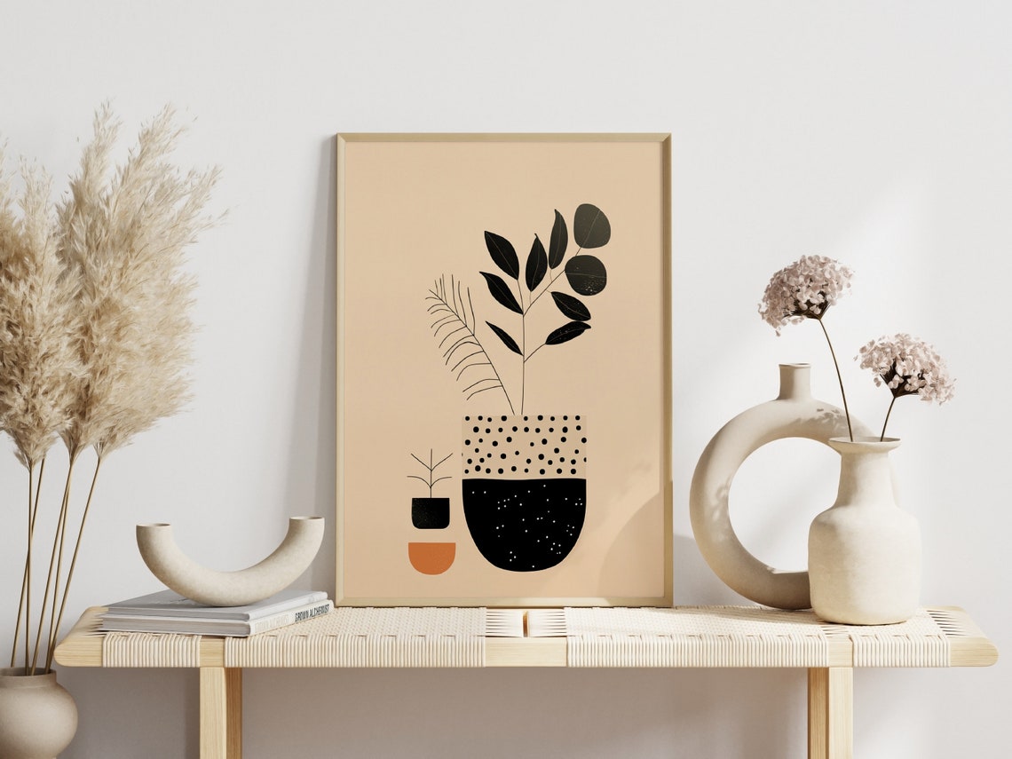 Minimalist Potted Plants Beige Scandinavian Botanical Decor Poster