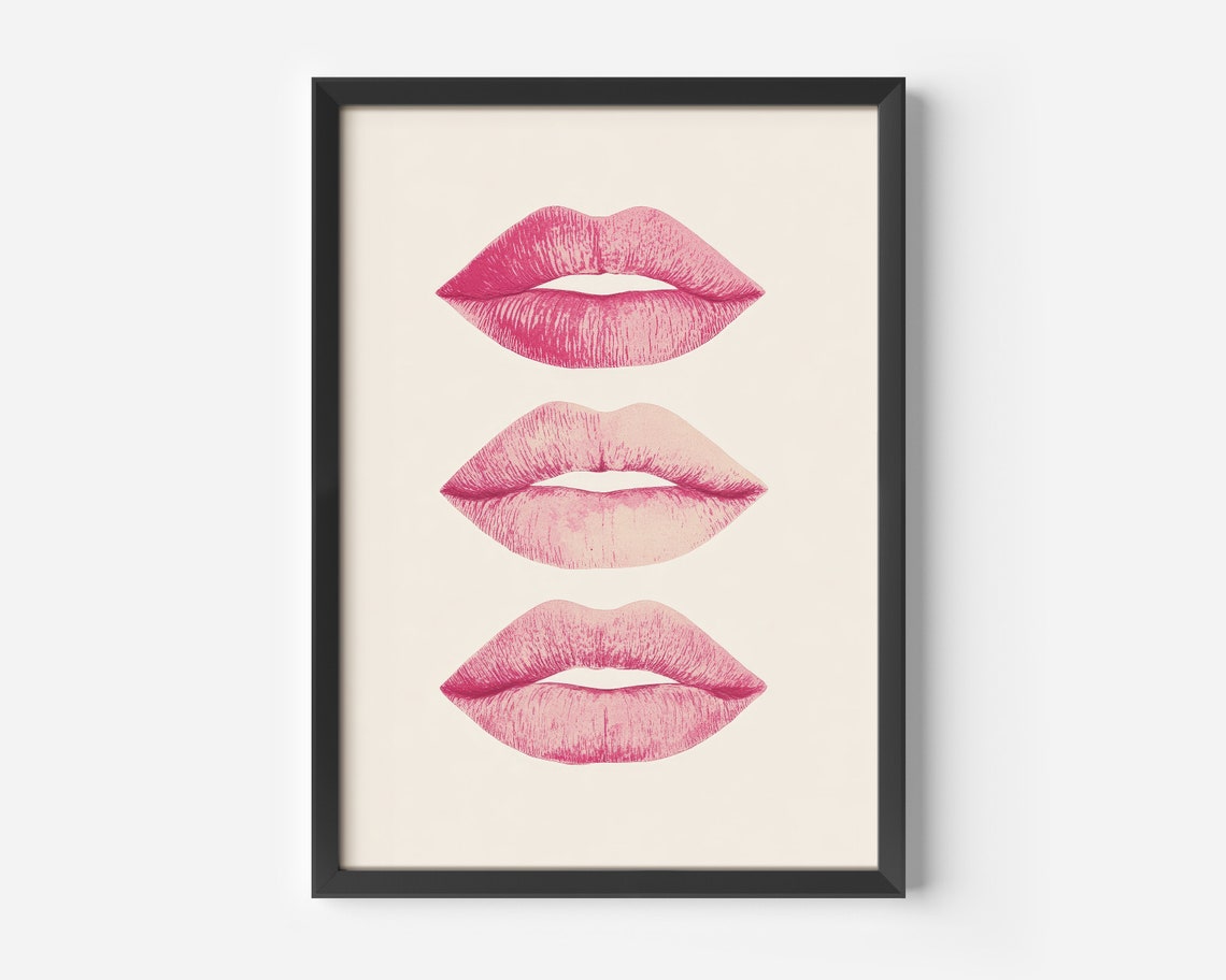 Pink Lips Trio Vintage Pop Art Retro Glam Vanity Wall Decor Poster