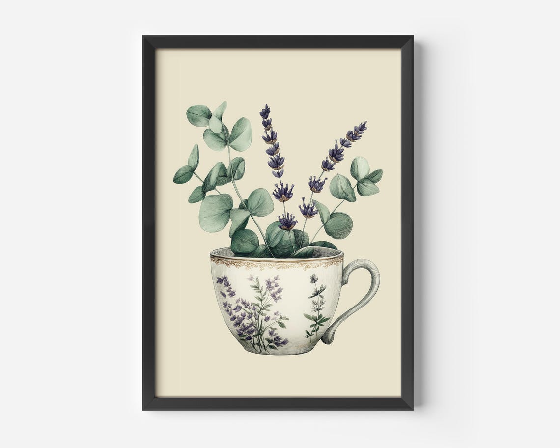 Country Kitchen Art Vintage Tea Poster Lavender Eucalyptus Flower Picture Botanical Wall Illustration Style Herb Decoration
