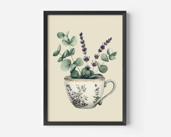 Country Kitchen Art Vintage Tea Poster Lavender Eucalyptus Flower Picture Botanical Wall Illustration Style Herb Decoration