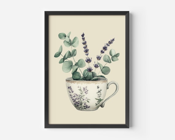 Vintage Botanical Teacup Lavender Eucalyptus Kitchen Illustration Print