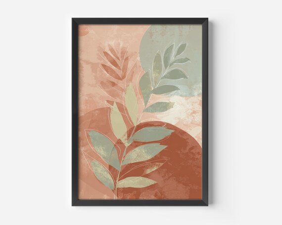 Living Room Wall Decor Contemporary Boho Poster Warm Beige Green Plant Illustration Scandi Style Dining Bedroom