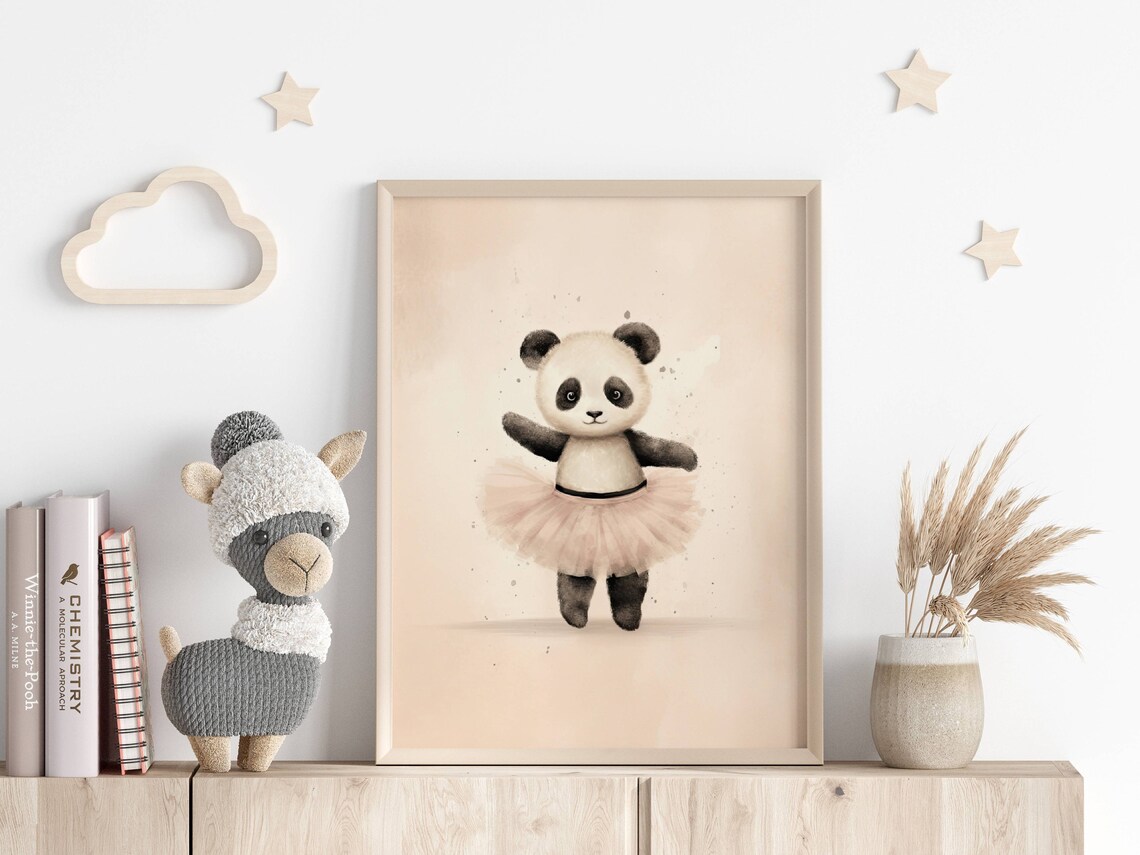 Adorable Panda Ballerina in Pink Tutu Cute Watercolor Nursery Poster