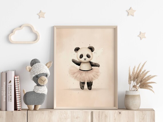 Adorable Panda Ballerina in Pink Tutu Cute Watercolor Nursery Poster