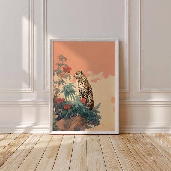 Leopard Perched on Rocks Among Tropical Flowers Terracotta Safari Print