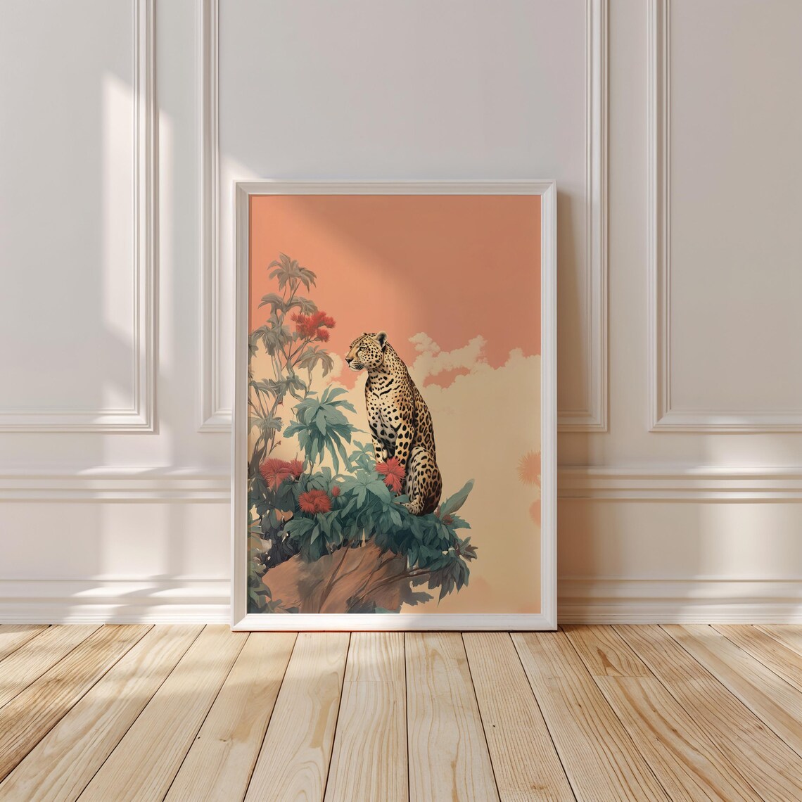 Leopard Perched on Rocks Among Tropical Flowers Terracotta Safari Print