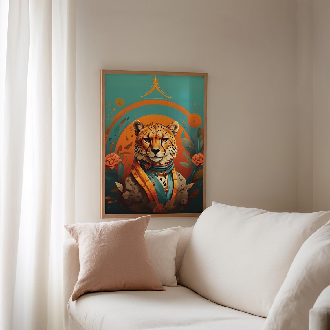 Regal Cheetah Portrait Poster with Floral Accents in Teal and Orange - Image 2