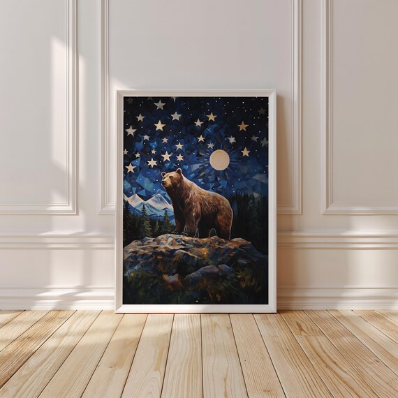 Brown Bear on a Rocky Peak Under a Starry Moonlit Sky Fantasy Poster