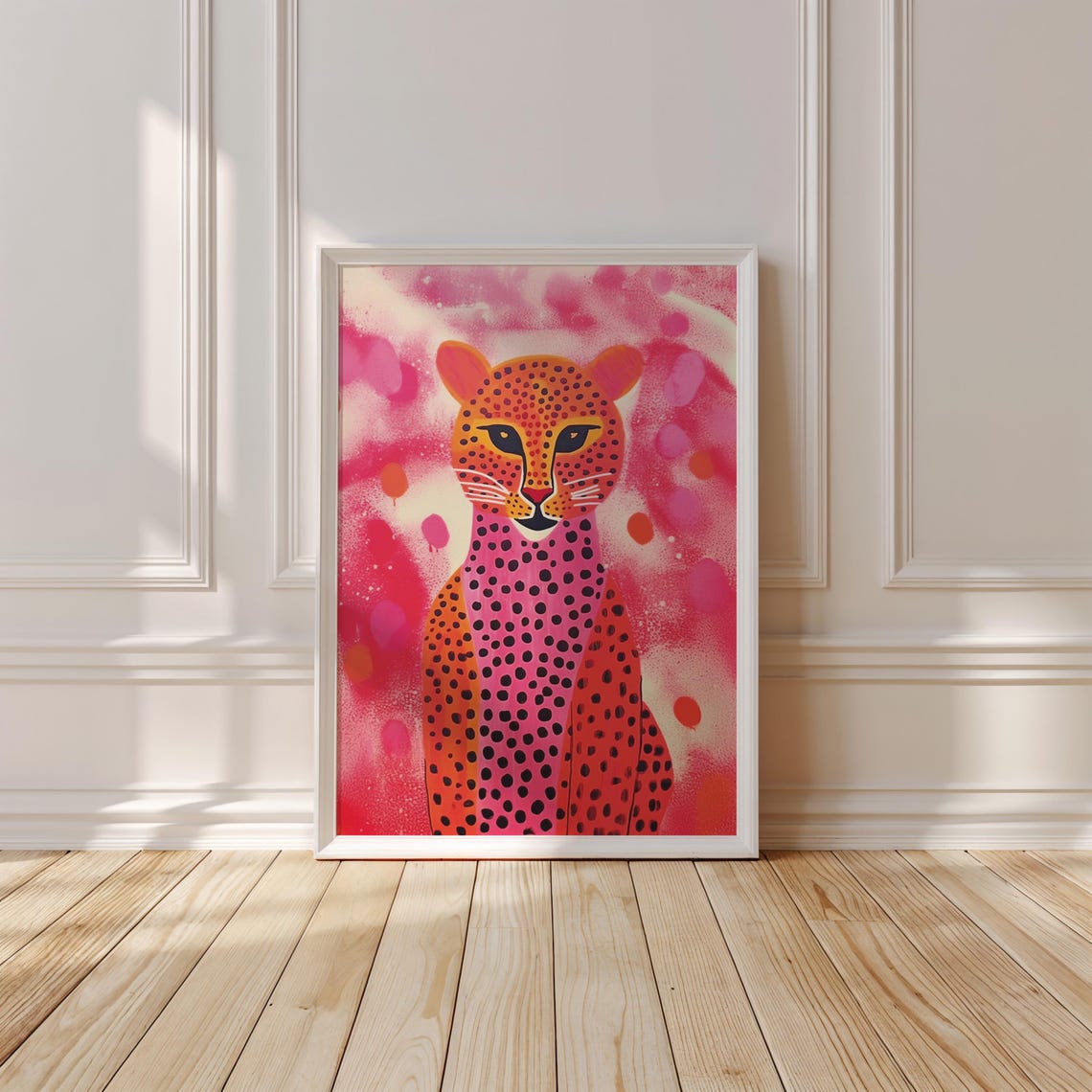 Playful Coral Cheetah With Black Dots on Pink Splatter Pop Art Poster