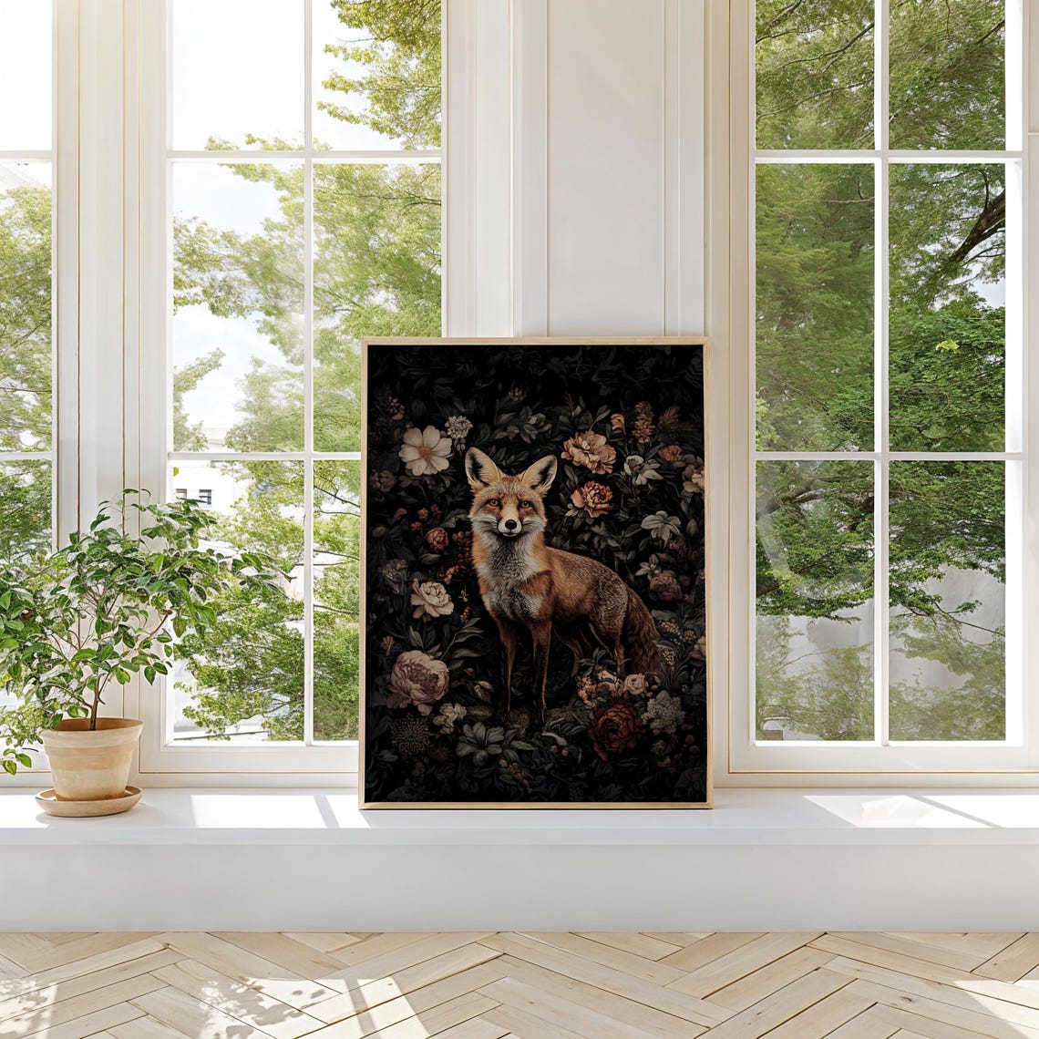 Majestic Fox Poster with a Dark Floral Woodland Scene Illustration - Image 2