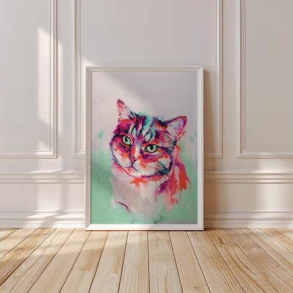 Colorful Painted Cat Portrait Poster with Vibrant Feline Art