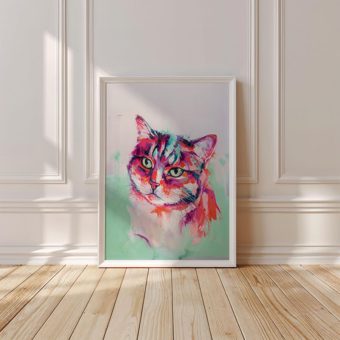 Colorful Painted Cat Portrait Poster with Vibrant Feline Art