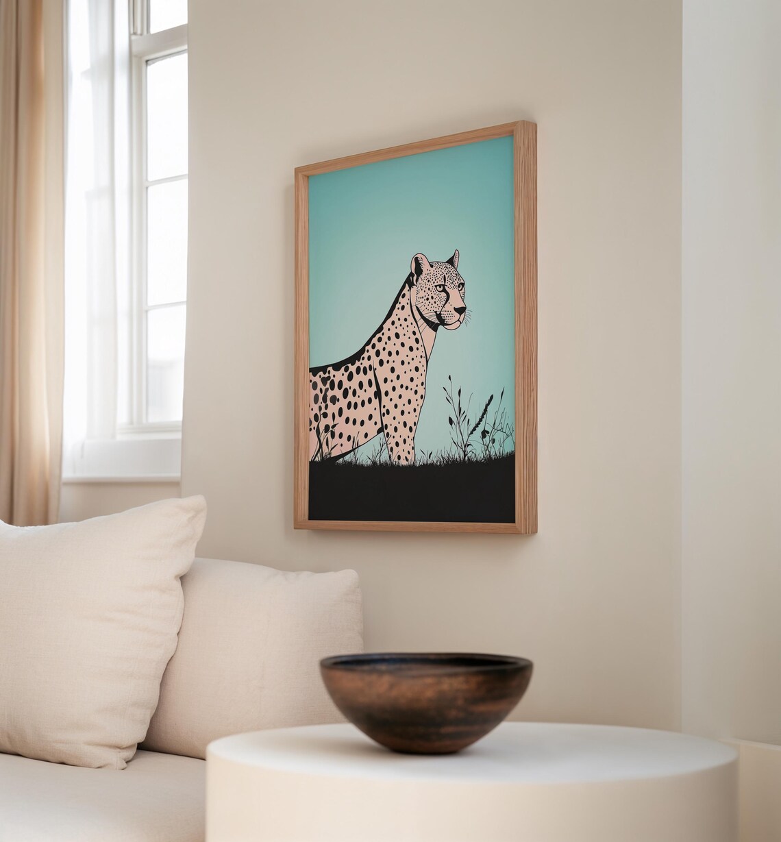 Minimalist Line Art Cheetah Walking Under a Teal Gradient Sky Wall Print - Image 2