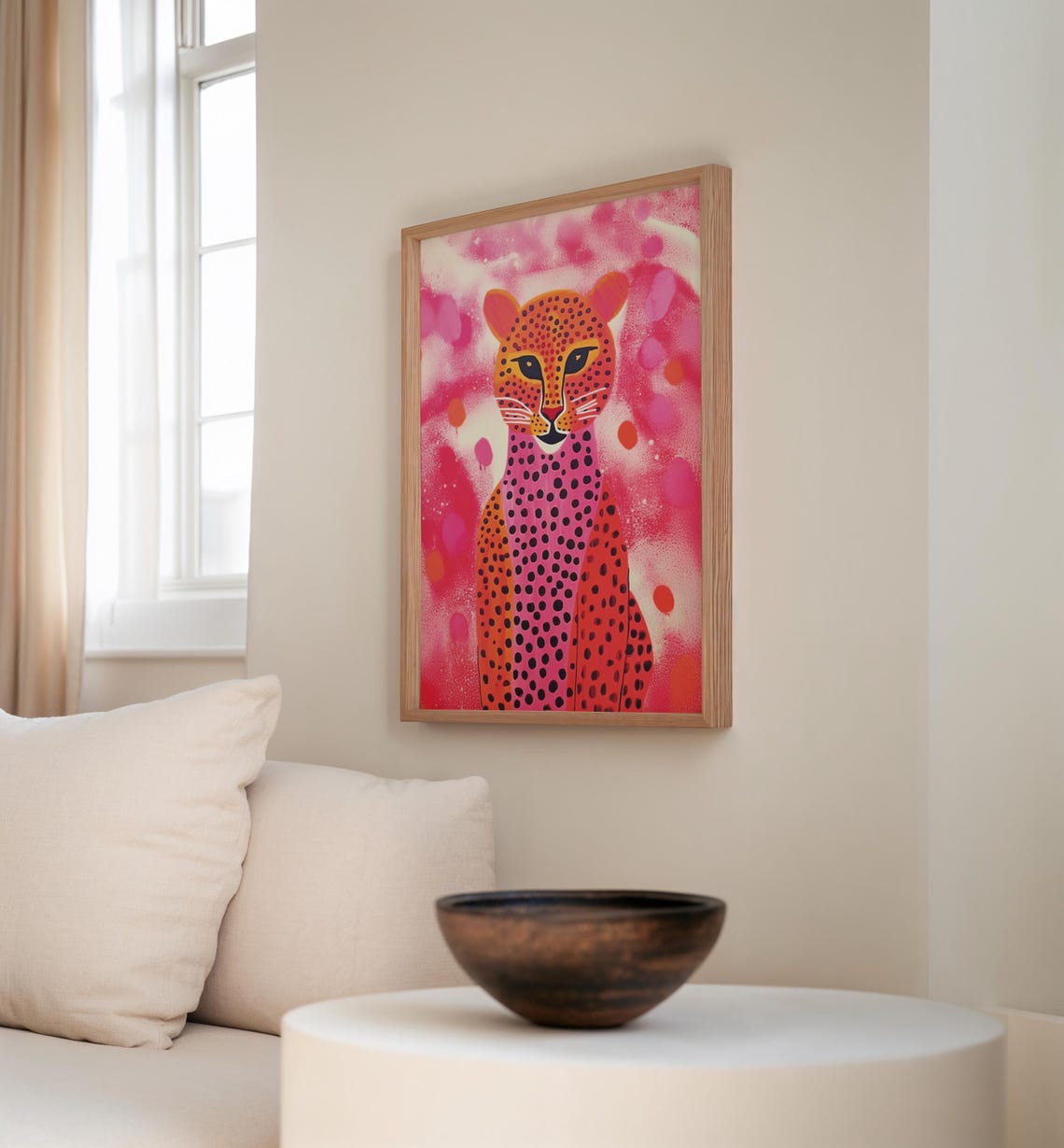 Playful Coral Cheetah With Black Dots on Pink Splatter Pop Art Poster - Image 2