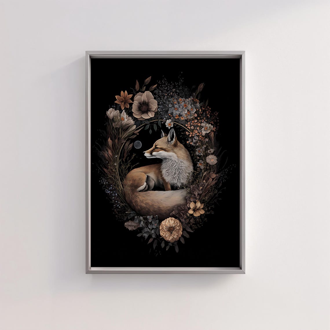 Sleeping Red Fox Curled in a Dark Botanical Floral Wreath Poster - Image 2