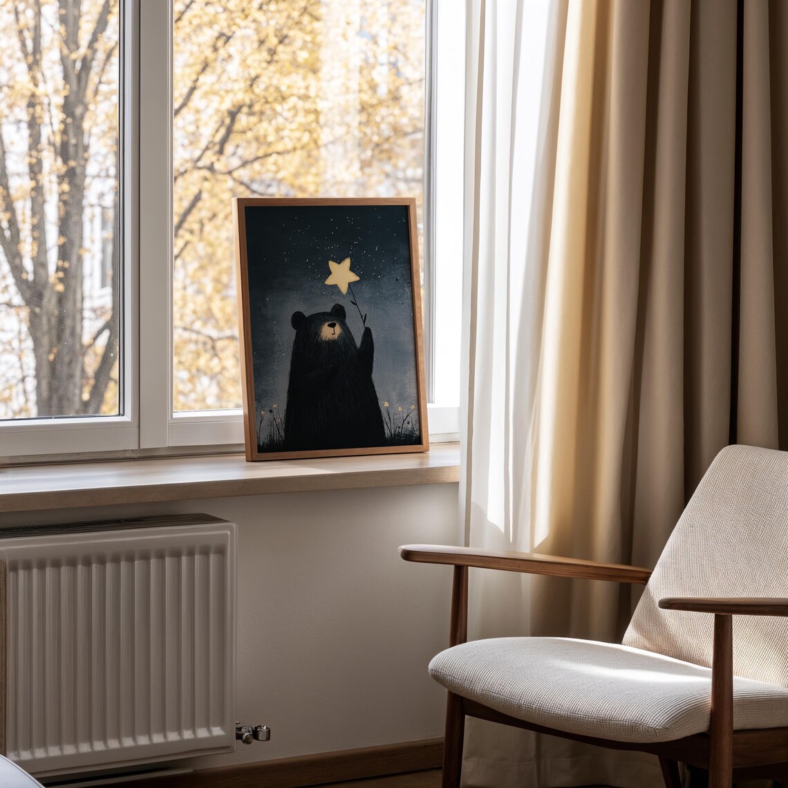Whimsical Black Bear Holding a Golden Star Under Night Sky Nursery Print - Image 3