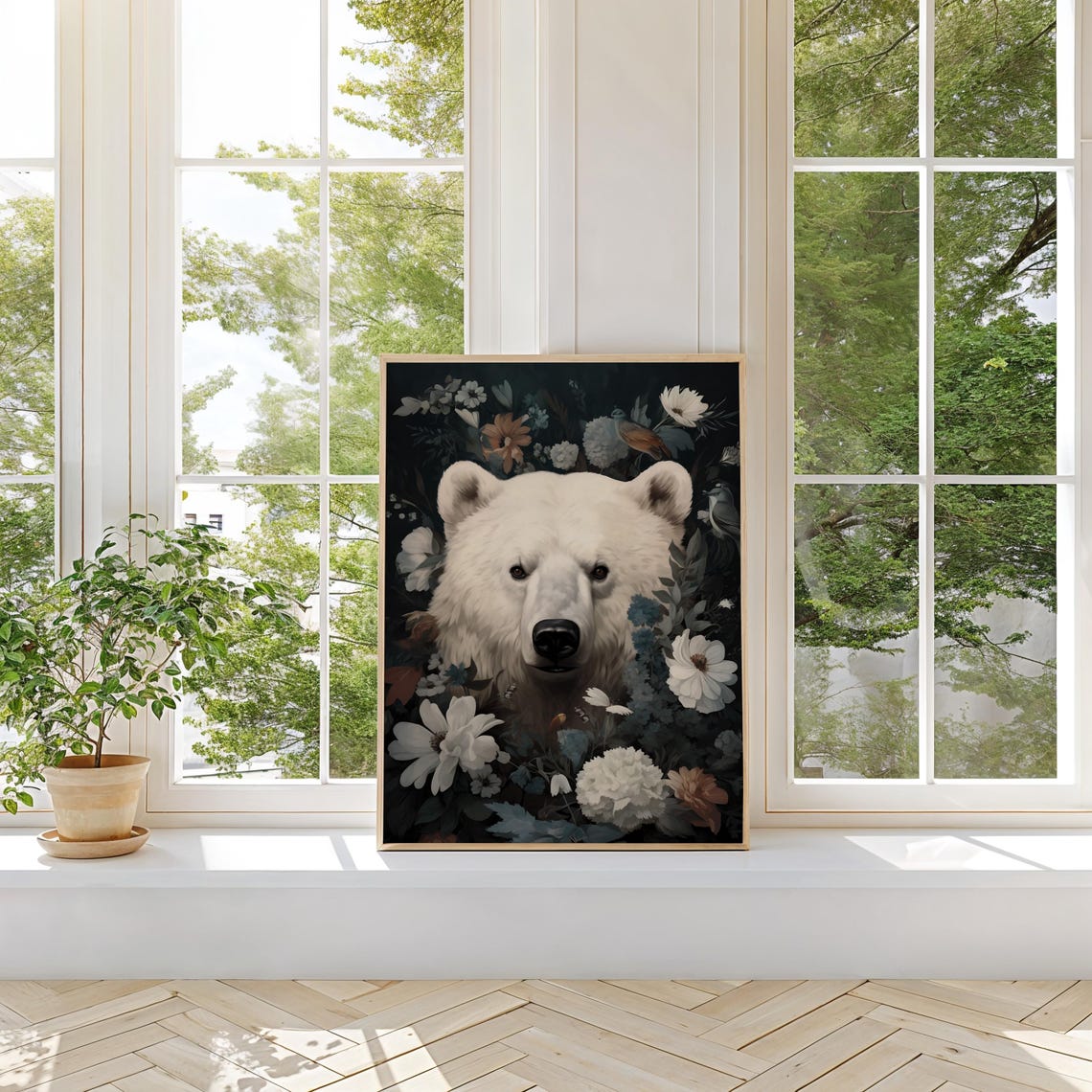 Polar Bear Portrait Surrounded by White Blooms on Dark Floral Poster - Image 3