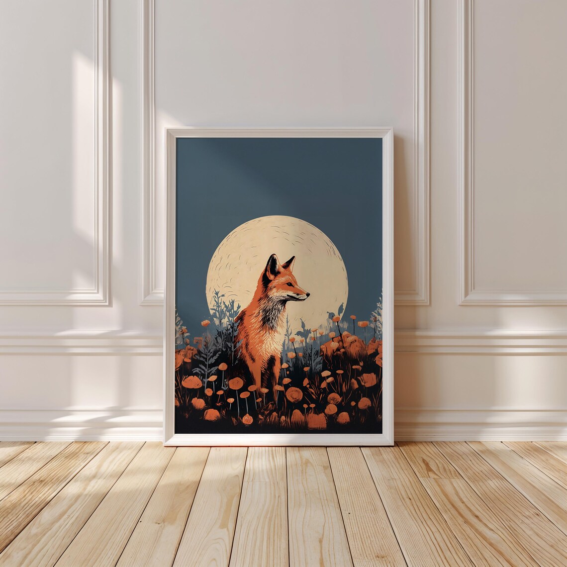 Red Fox Silhouette Beneath a Giant Moon in Vintage Wildflower Art Print