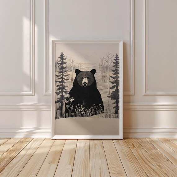 Black Bear in a Monochrome Pine Forest Sketch Wildlife Nursery Poster