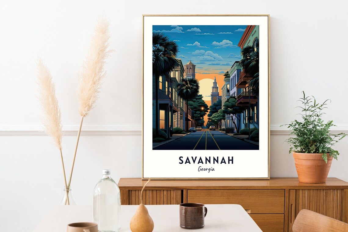 Savannah Palm-Lined Historic Street at Sunset Georgia Travel Poster - Image 2