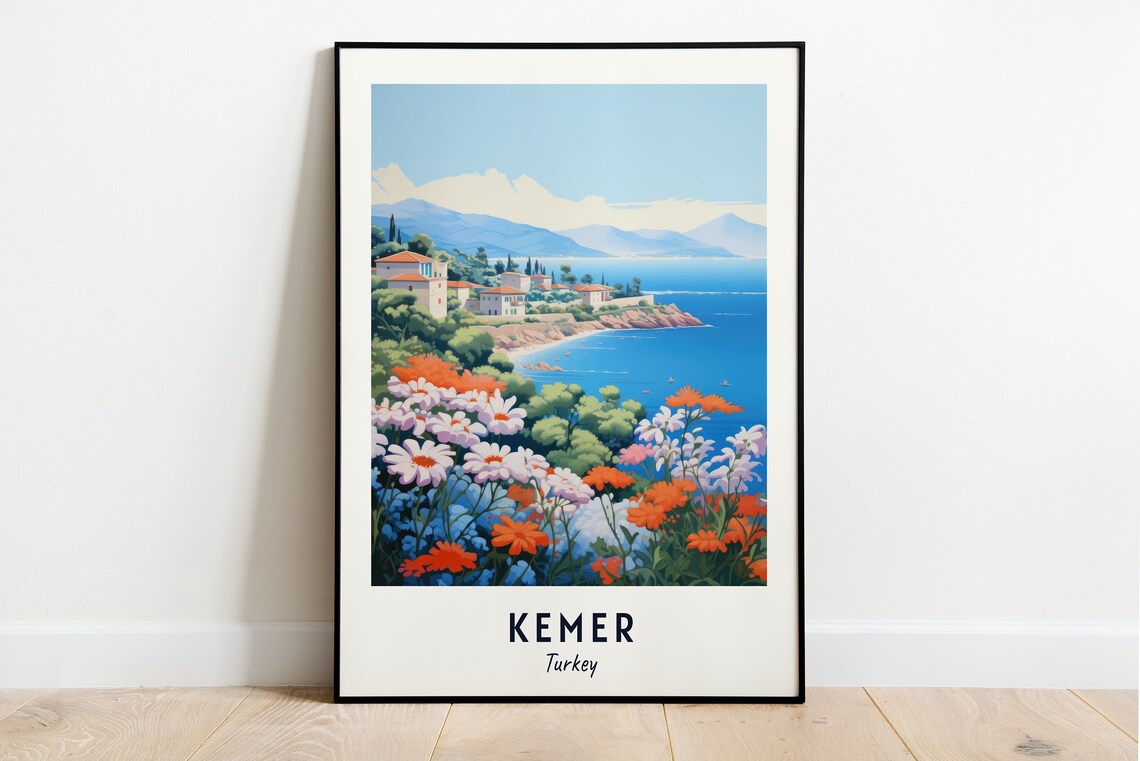 Kemer Turkey Wildflower Coast Minimalist Seascape Travel Poster