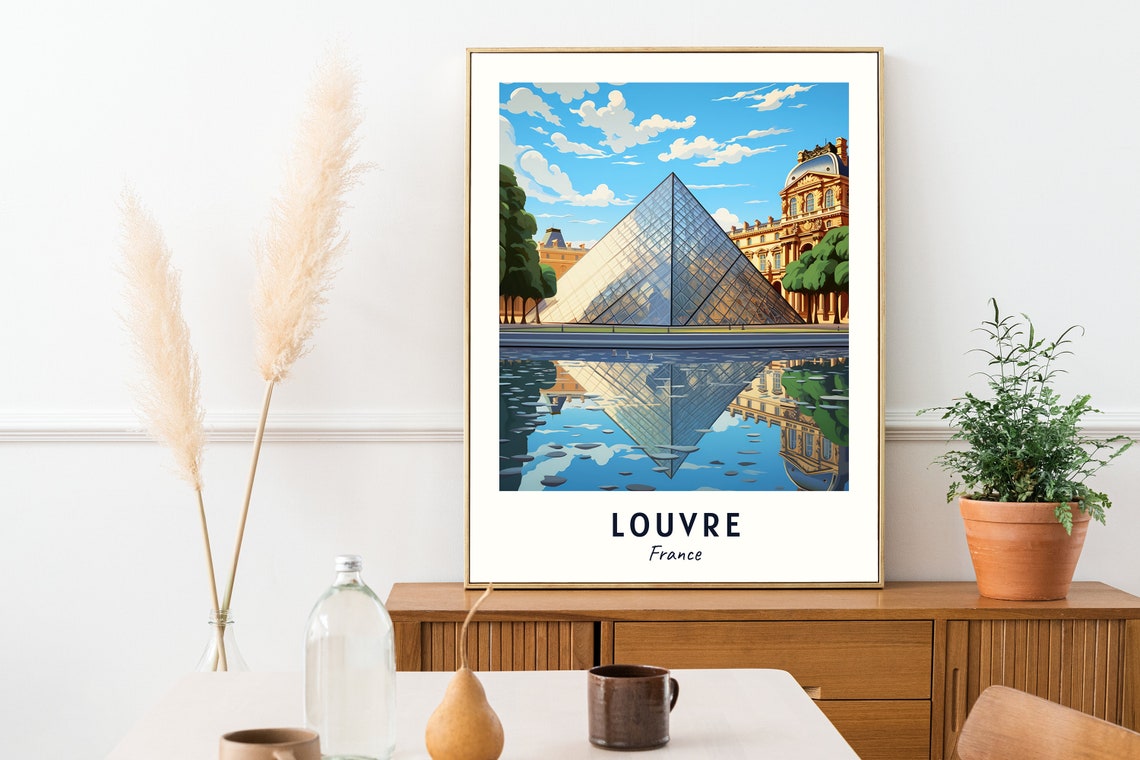 Louvre France Glass Pyramid Water Reflection Museum Art Poster - Image 2