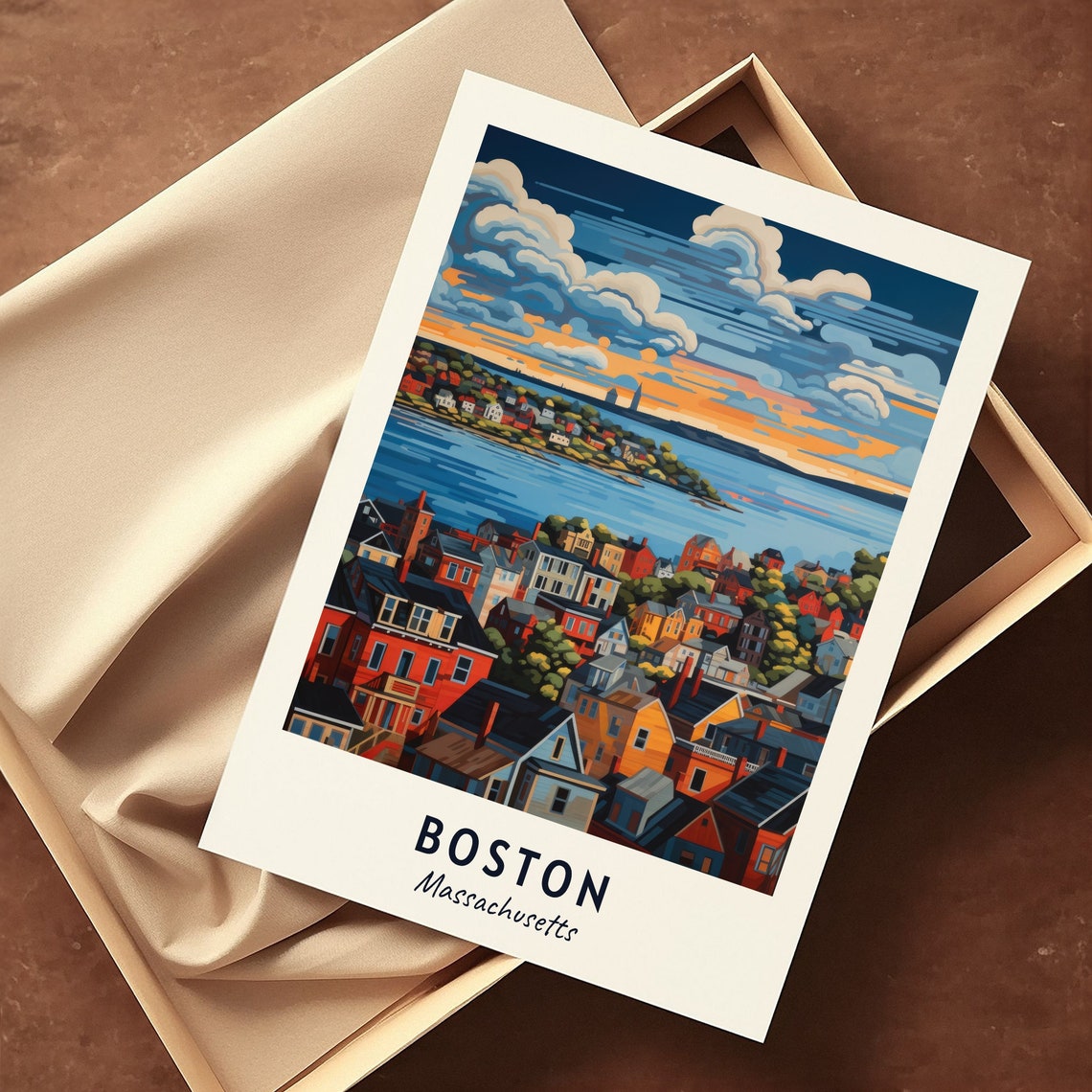 Boston Massachusetts Harbor Sunset Row Houses Brick Travel Poster - Image 3