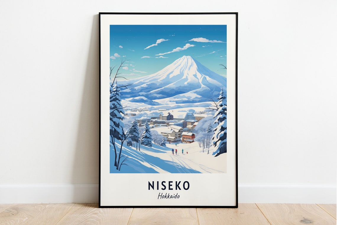 Niseko Hokkaido Volcanic Cone and Skiers on the Slope Poster