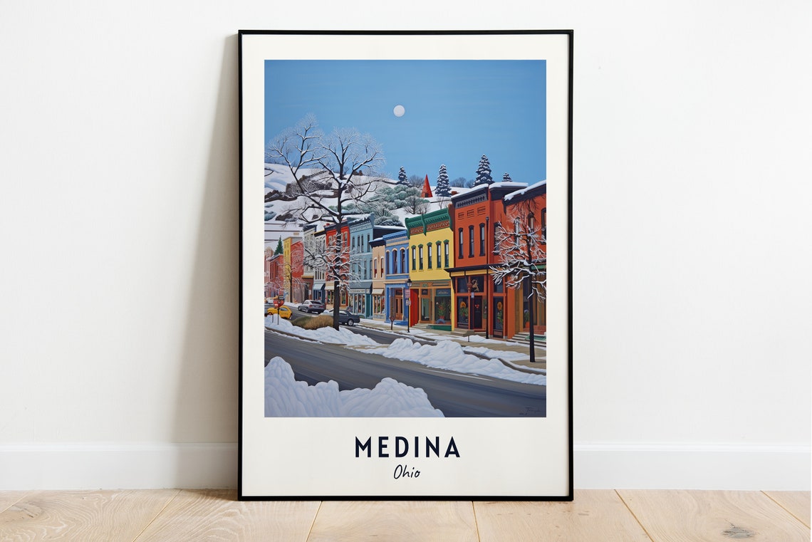 Medina Ohio Snowy Main Street Colorful Shops Winter Scene Poster