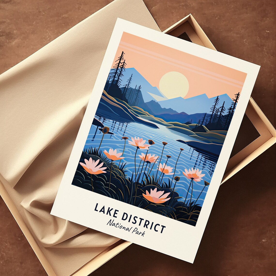 Lake District National Park Moonlit Lake Flowers Vintage Travel Poster - Image 3