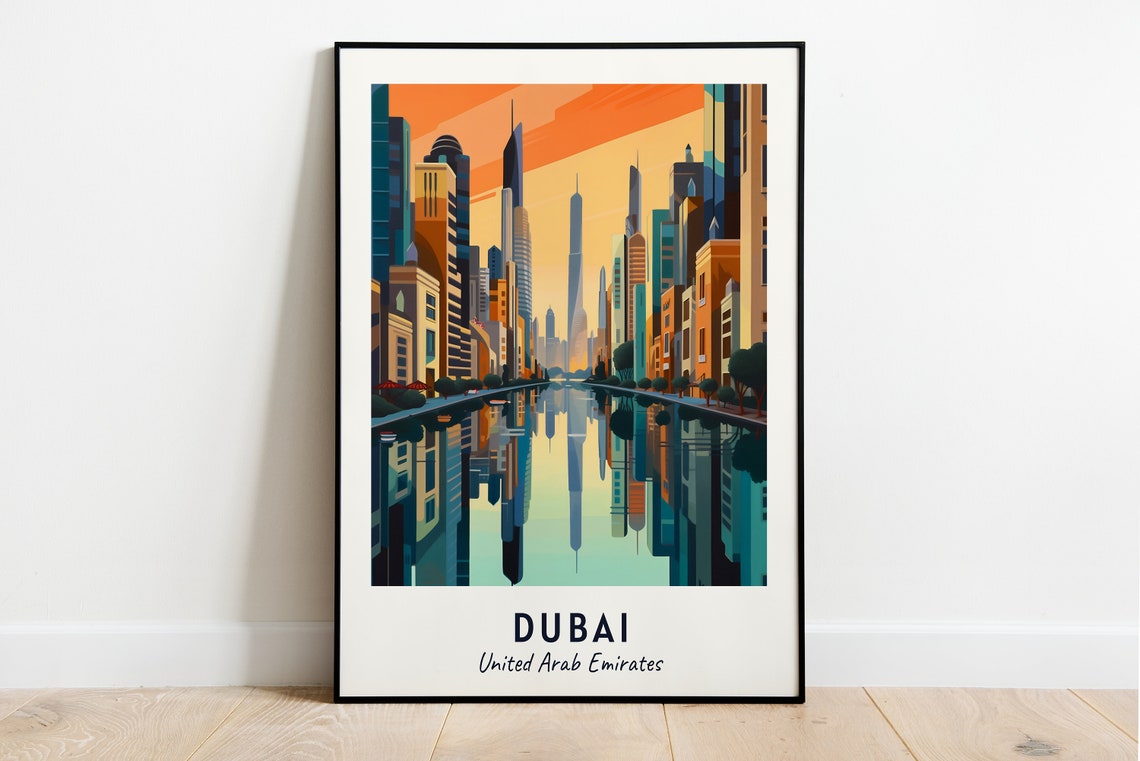 Dubai Sunset City Boulevard Skyline Reflection Travel Poster
