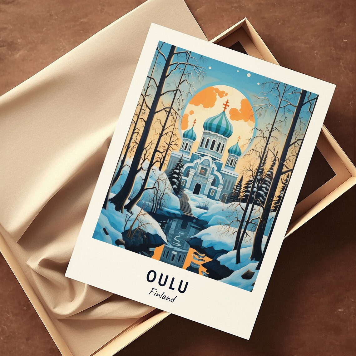 Oulu Finland Snowy Cathedral Moonlit Winter Night Travel Poster - Image 3