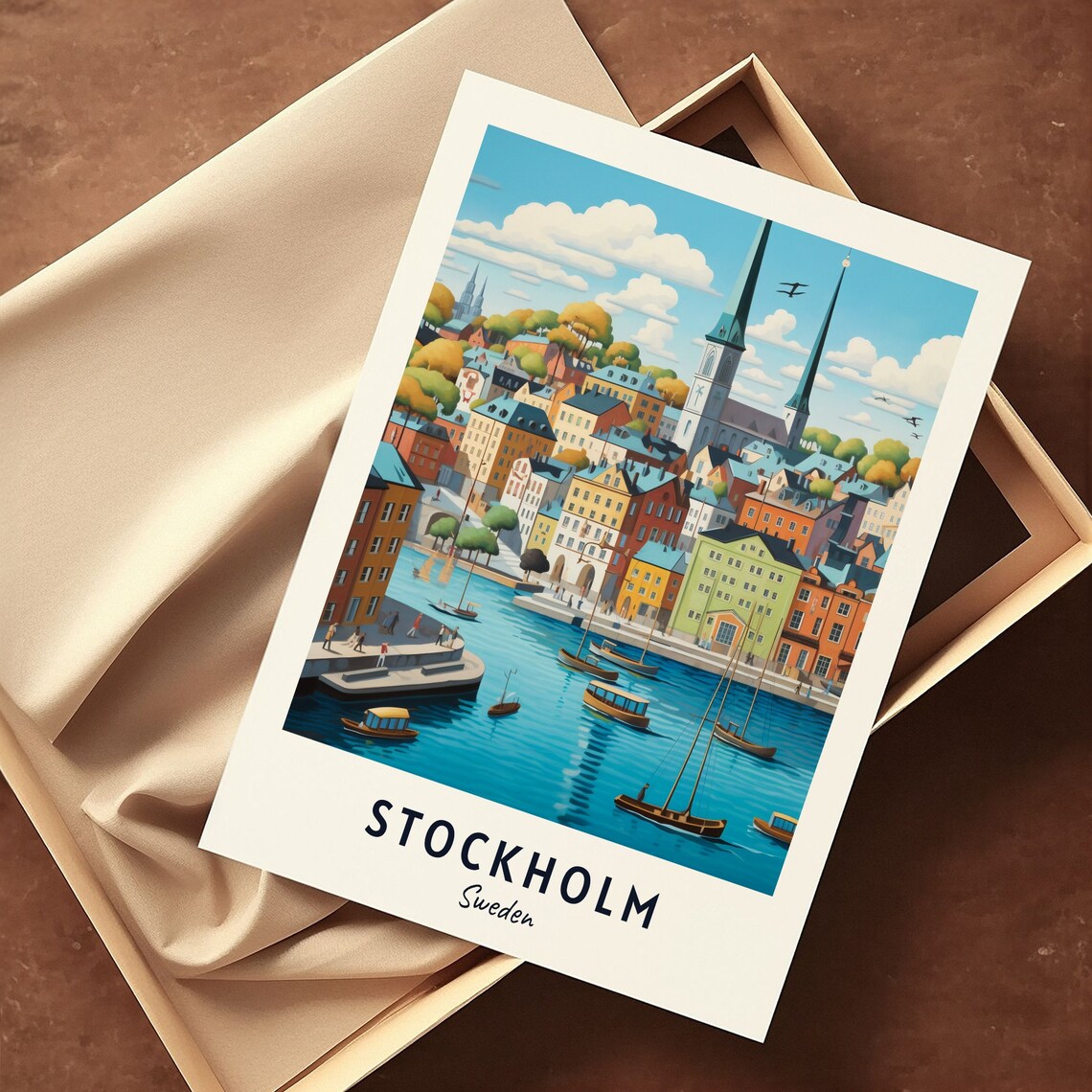Stockholm Sweden Old Town Daytime Harbor Boats Scene Travel Poster - Image 3