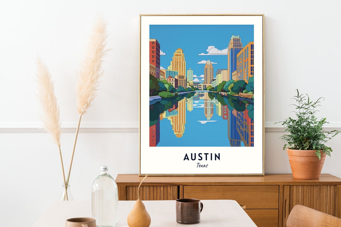 Austin Texas Downtown Skyline Mirror Lake Reflection Travel Poster - Image 2