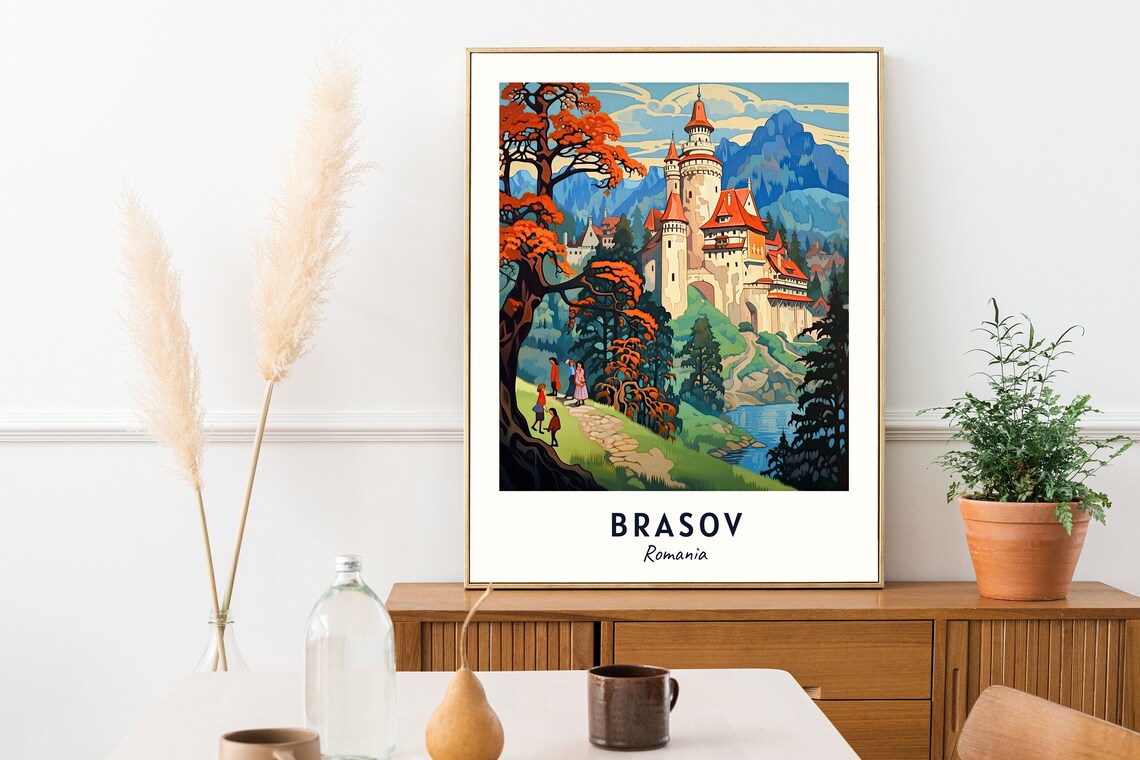 Brasov Romania Hilltop Castle Fiery Autumn Trees Lake Poster - Image 2
