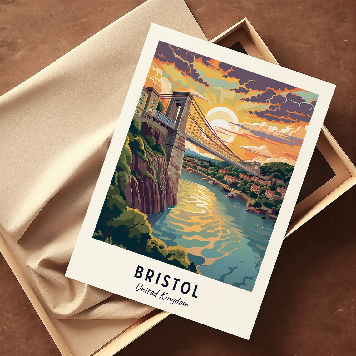 Bristol Clifton Suspension Bridge Sunset River Gorge Travel Poster - Image 3