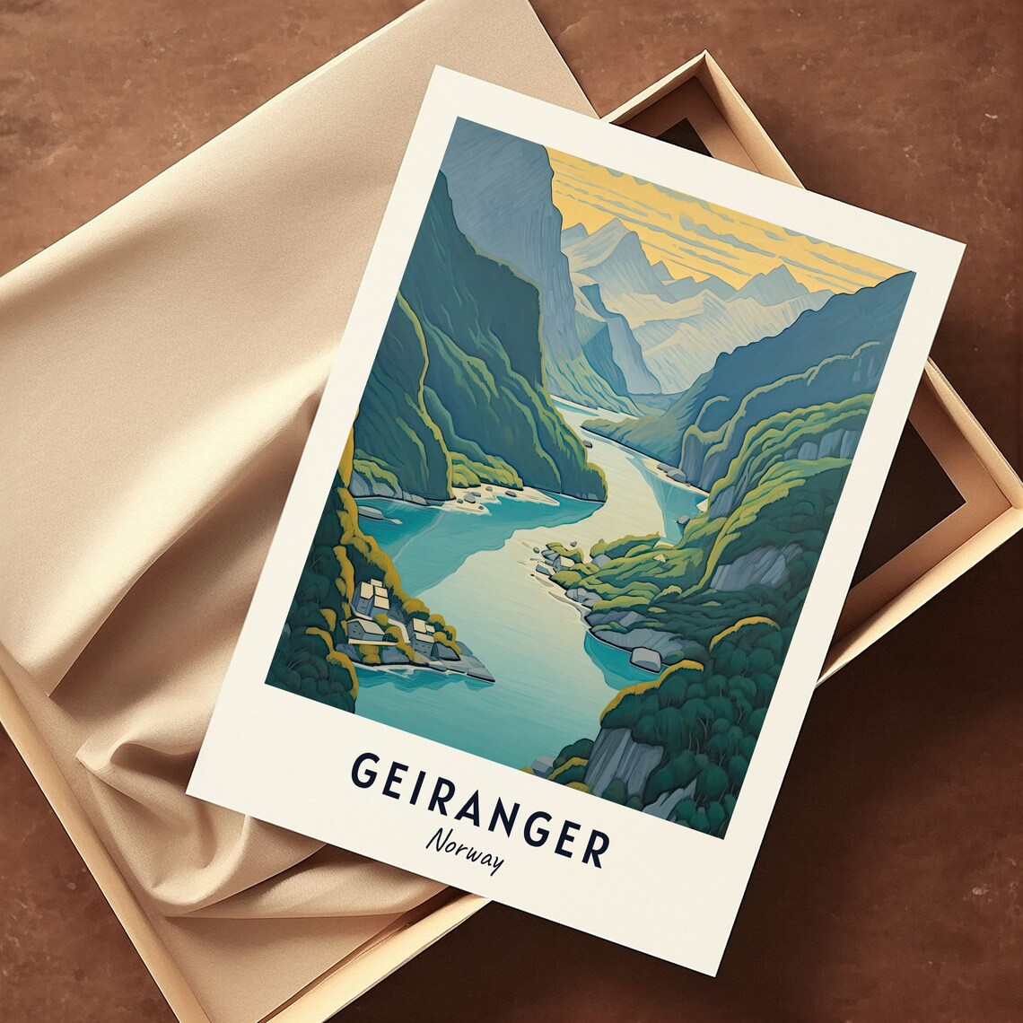 Geiranger Norway Fjord Between Mountains Golden Hour Travel Poster - Image 3