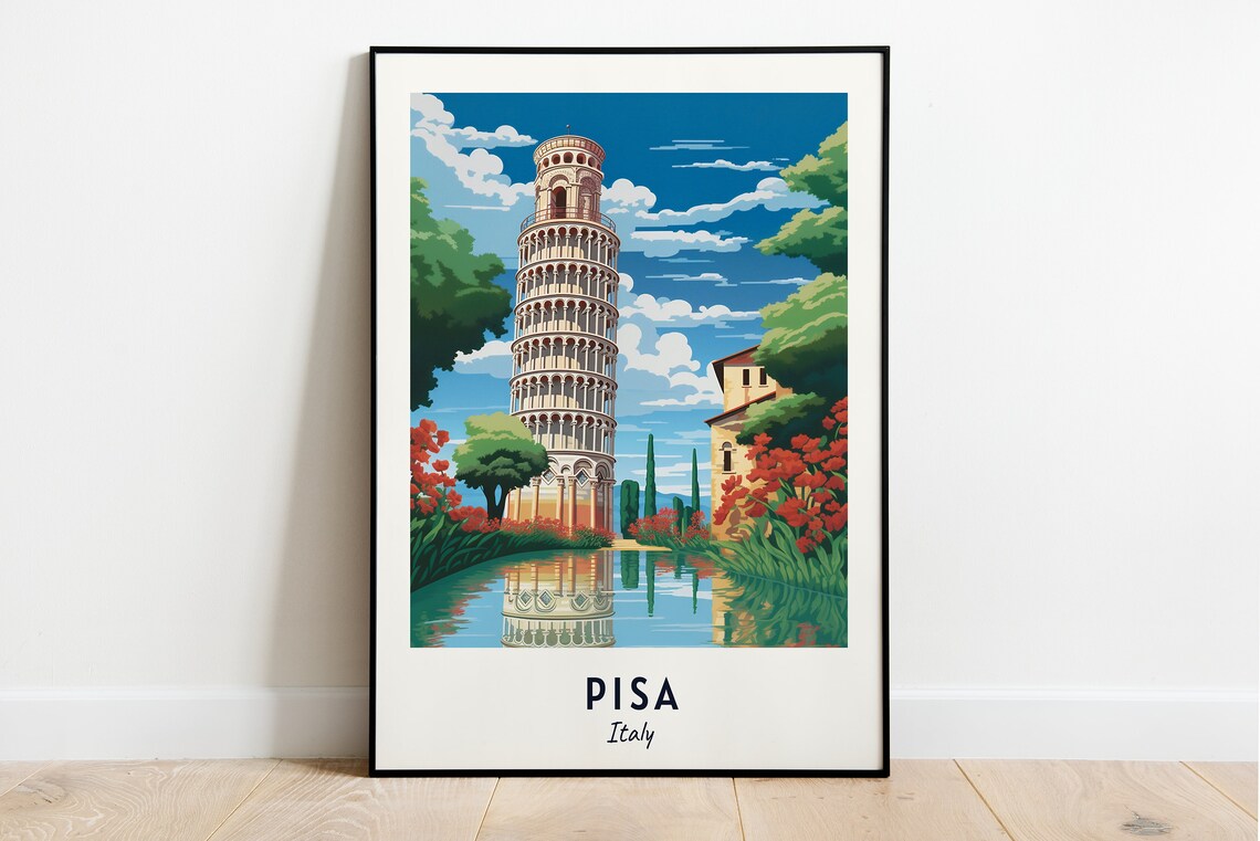 Pisa Italy Leaning Tower Reflection Classic Travel Poster Home Decor