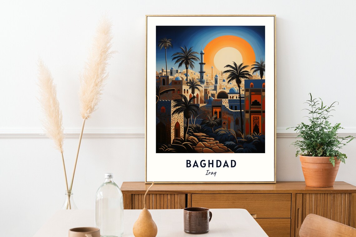 Baghdad Old City Minaret Sunset Palms Skyline Iraq Travel Poster - Image 2