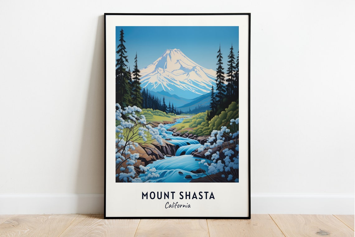 Mount Shasta California Snowcapped Volcano Stream Landscape Poster