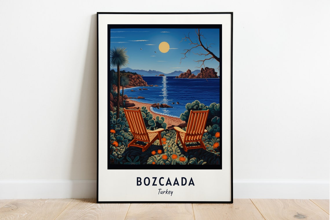 Bozcaada Turkey Beach Chairs Sunset Cove Minimalist Travel Poster