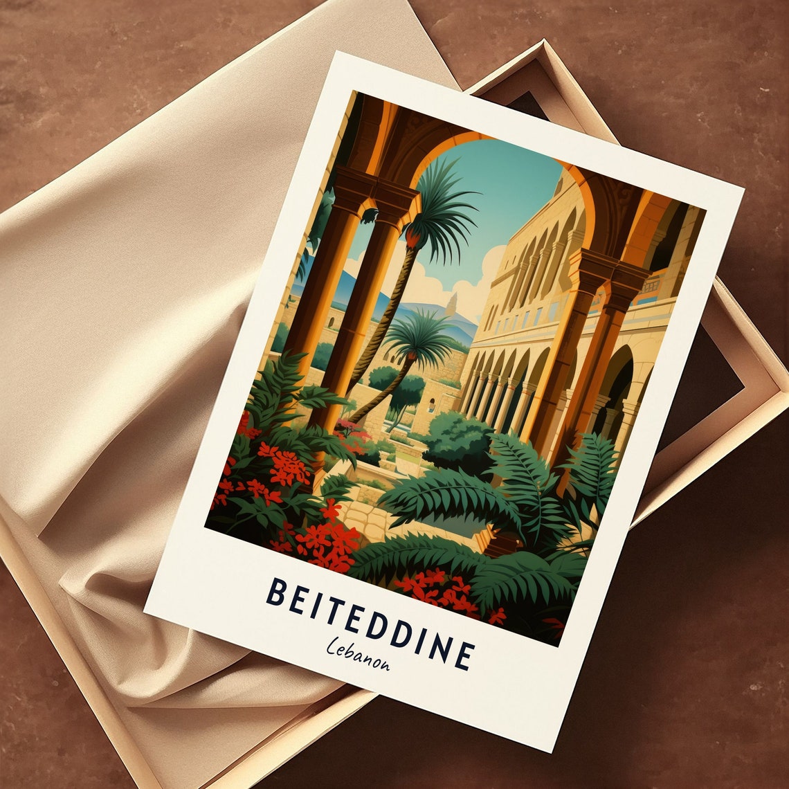 Beiteddine Palace Arched Courtyard with Palms in Lebanon Poster - Image 3