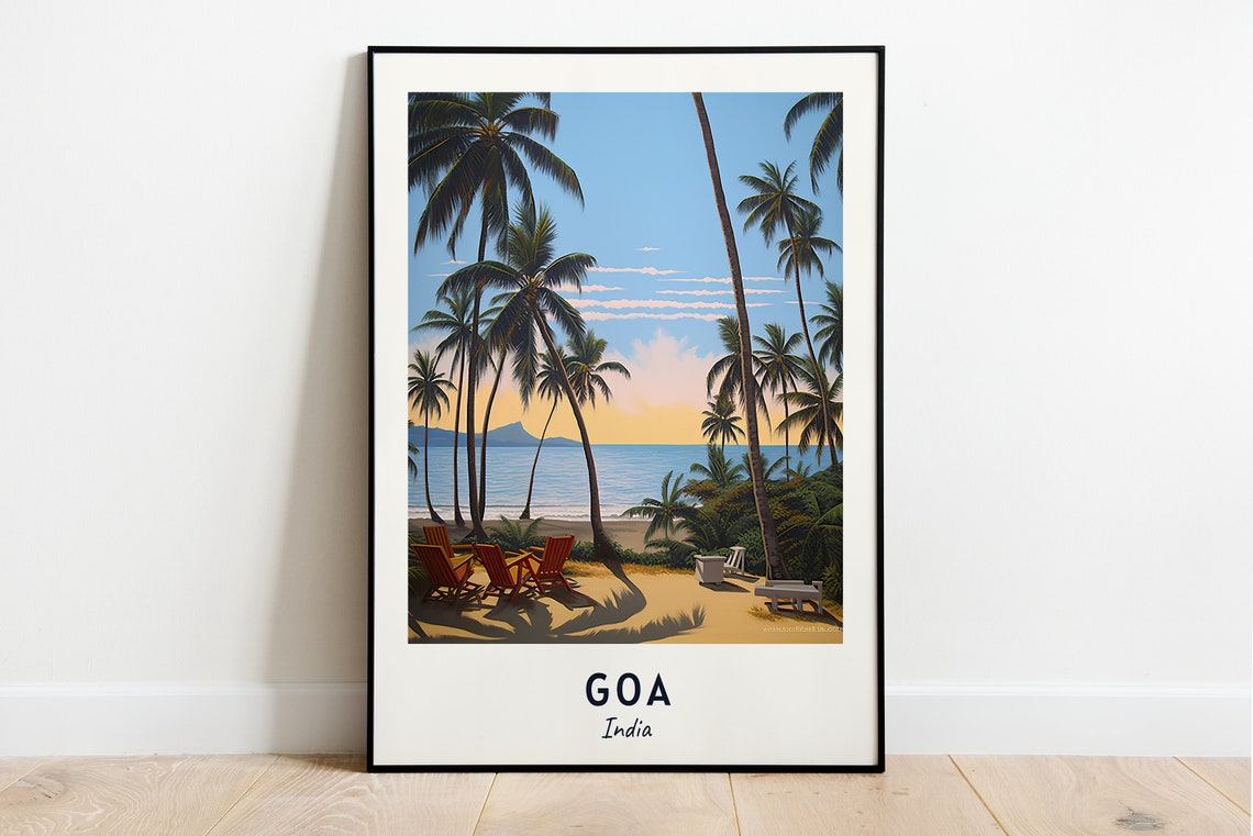 Goa India Palm Beach Sunset Lounge Chairs Tropical Travel Poster