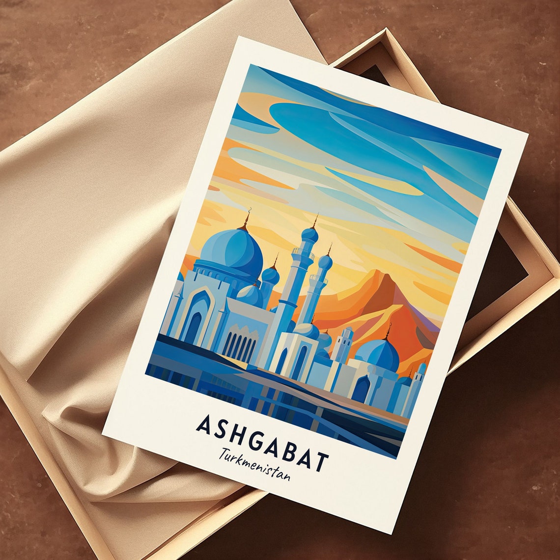 Ashgabat Turkmenistan Blue Domes Mosque Sunset Desert Travel Poster - Image 3